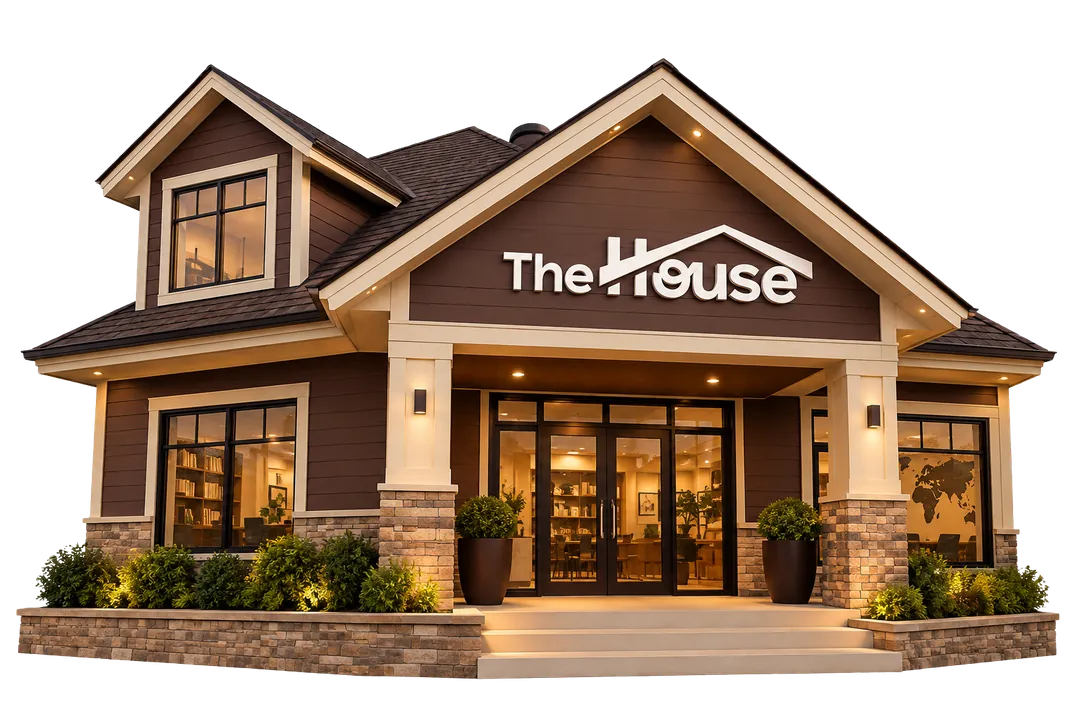 Fachada de uma casa com a placa The House