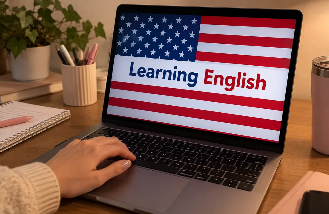 Notebook com a bandeira dos Estados Unidos e a frase Learning English na tela